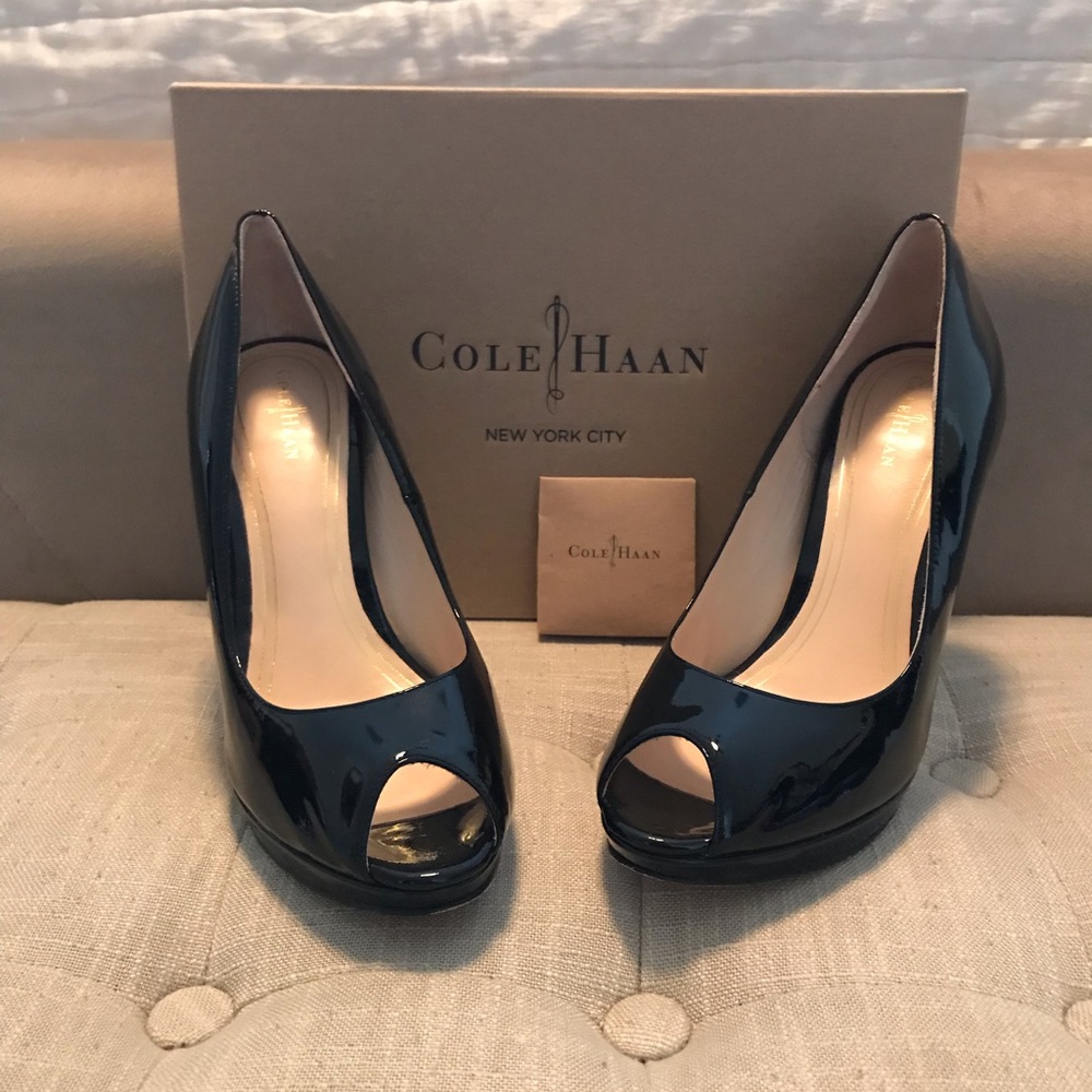 Cole Haan Chelsea Open Toe Black Patent Pump